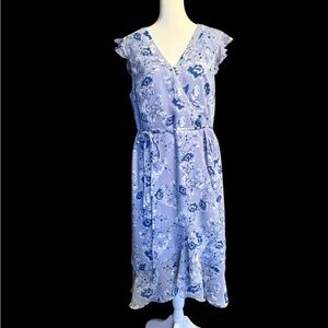 Karl Lagerfeld Paris-Lavender, Blue, White Floral Faux Wrap Midi Dress-12